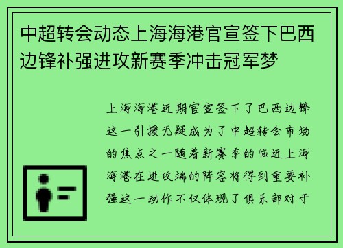 中超转会动态上海海港官宣签下巴西边锋补强进攻新赛季冲击冠军梦